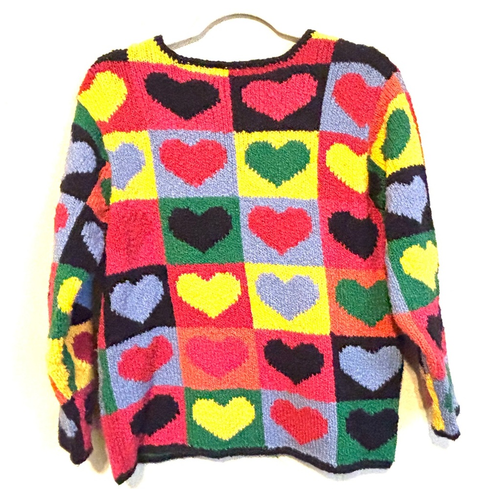 Vintage Colorful Heart Patchwork Valentine Cardigan Hand Knit Sweater Chunky PSm - Picture 2 of 7